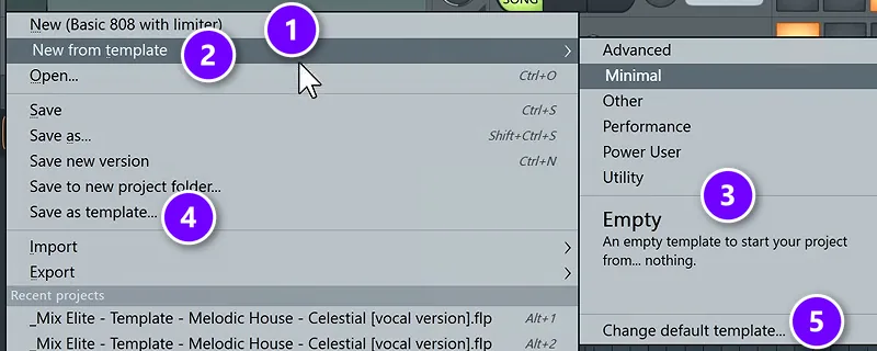 FL Studio File menu with New (Basic 808 with limiter) (1), New from template (2), Empty (3), Save as template (4) and Change default template (5) numbered