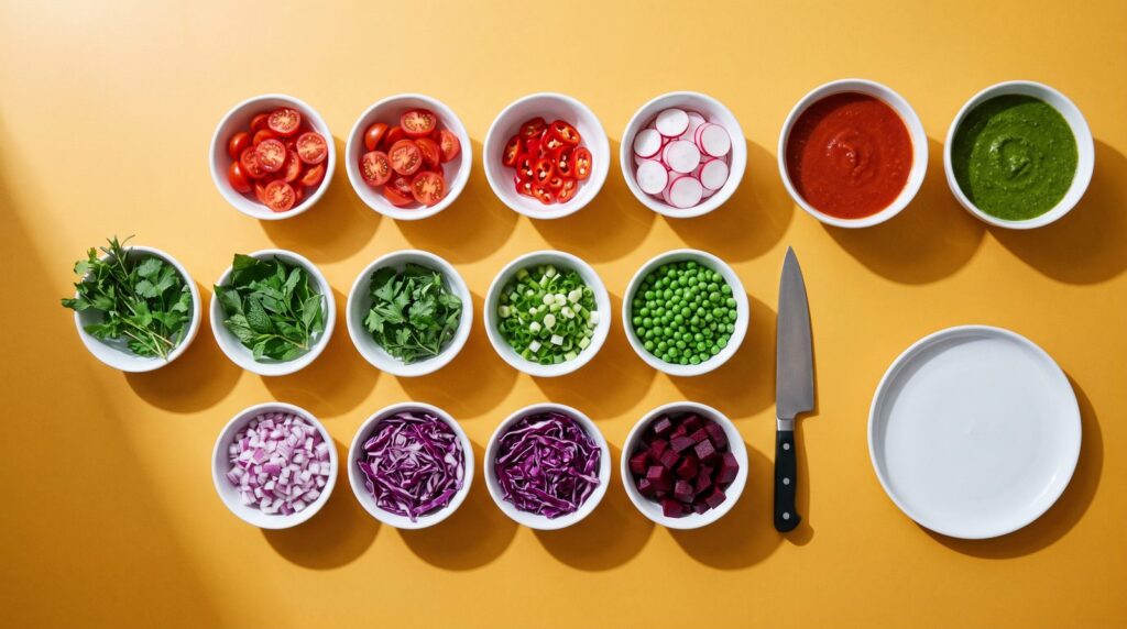 A chef's mise en place from above: small white bowls in rows grouped by color, two sauce bowls, a knife and an empty plate