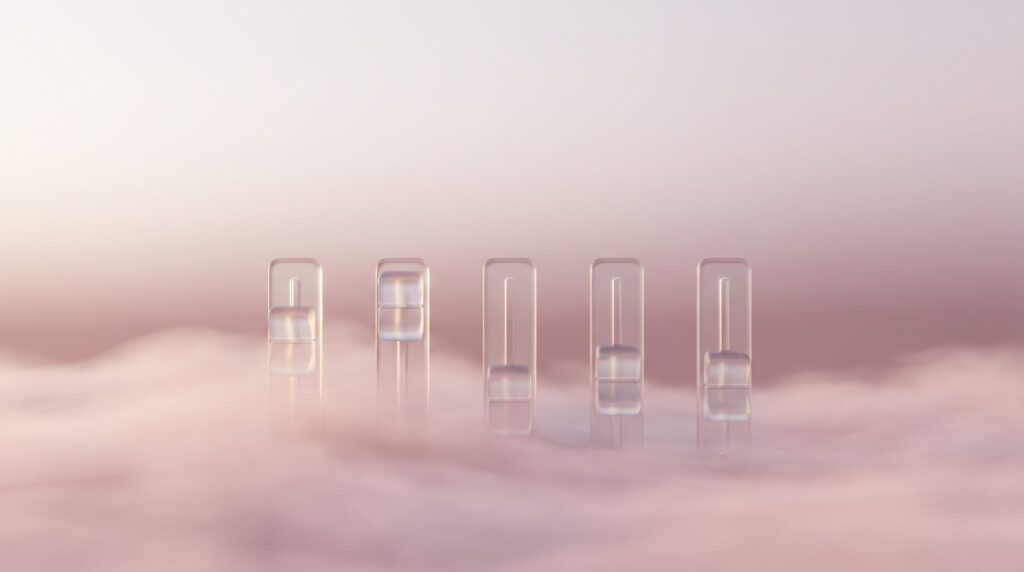 Glass mixer faders rising out of a layer of pink fog with only their caps showing, like each sound set just above the noise