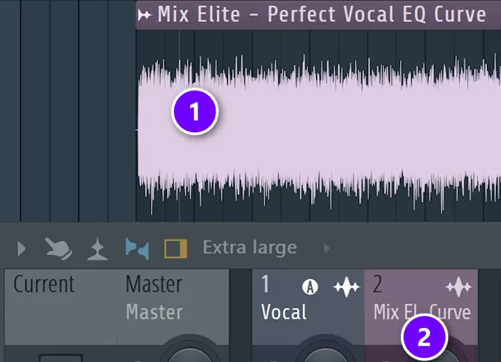FL Studio Playlist with a noise clip on its own track numbered 1 and its own mixer track next to the vocal numbered 2