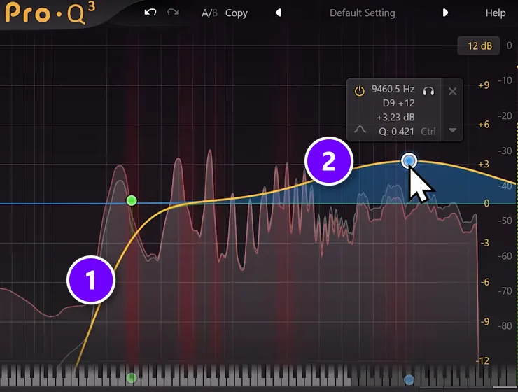 EQ on a vocal shaped to follow a pink-noise reference curve, with a low cut numbered 1 and a high boost of about 3 dB near 9.5 kHz numbered 2