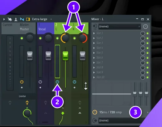 FL Studio Mixer with the L and R tracks panned hard left and right (1), the track delay clock icon (2) and a 15 ms delay (3)