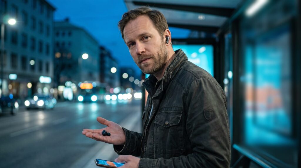 A man at a bus stop at dusk wearing just one earbud and holding the other, the way many people hear music, which is why mono still matters