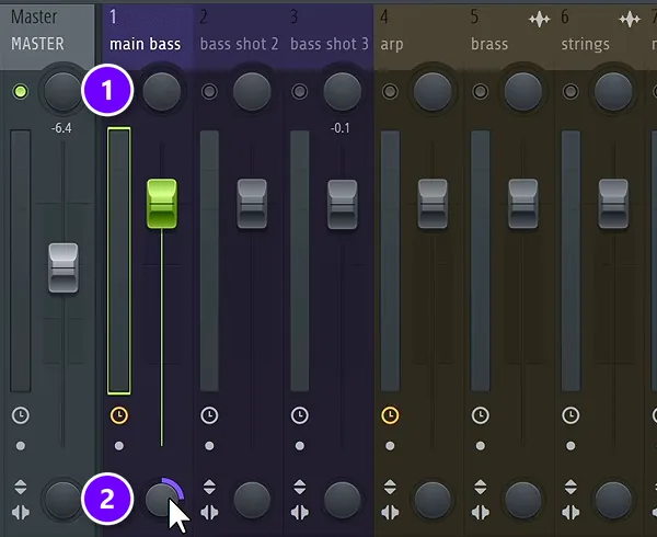 FL Studio Mixer track with the pan knob (1) at the top and the stereo separation knob (2) at the bottom