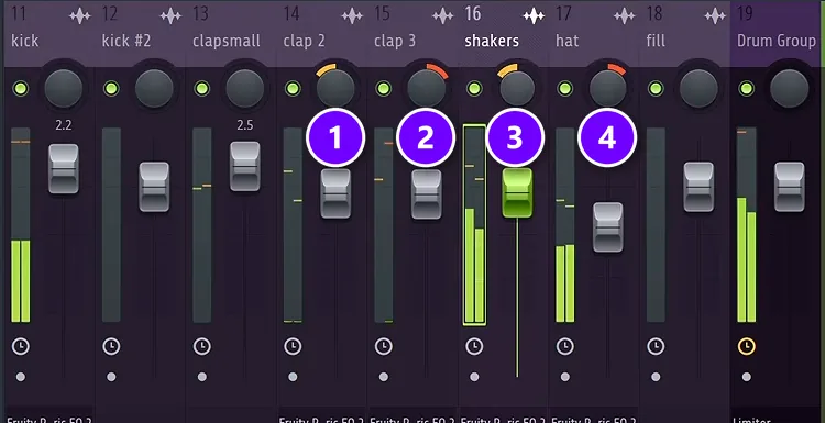 FL Studio Mixer with clap 2 (1) and clap 3 (2) panned slightly left and right, shakers (3) panned left and hat (4) panned right