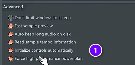 FL Studio general settings, Advanced section, with Initialize controls automatically (1) numbered