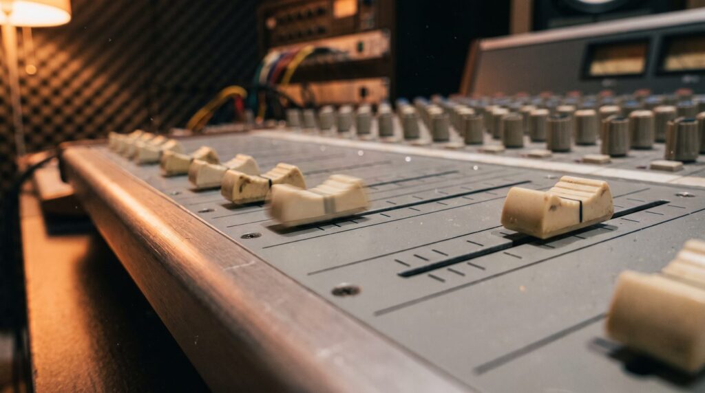 Close-up of a vintage mixing console with one cream fader caught mid-slide, moving on its own like automation