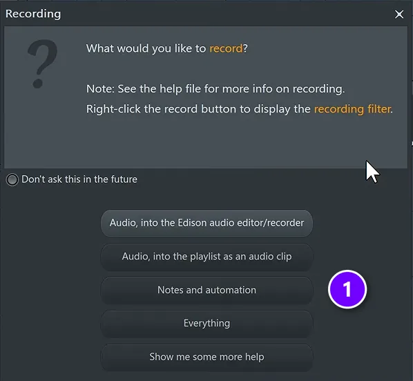 FL Studio Recording window asking what to record, with Notes and automation (1) numbered