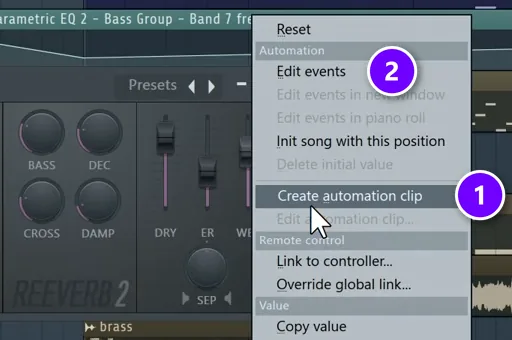 FL Studio right-click menu on the Fruity Reeverb 2 WET fader with Create automation clip (1) and Edit events (2) numbered