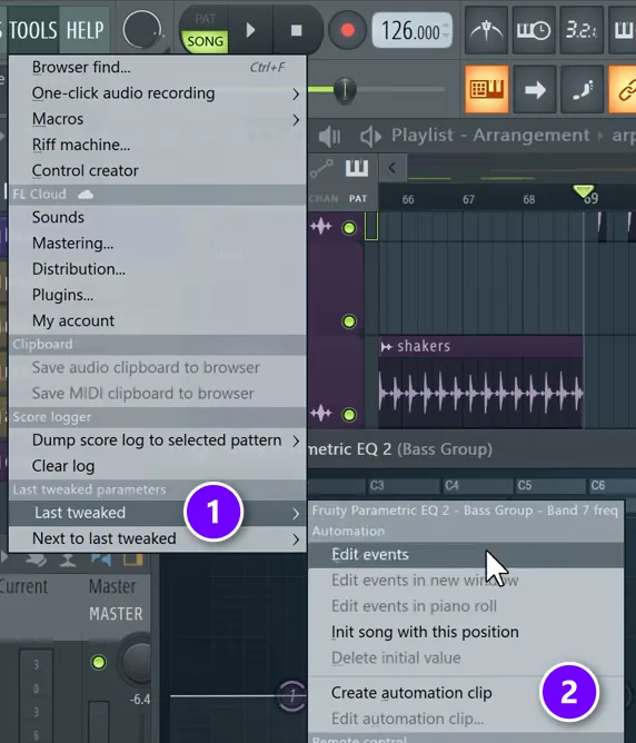 FL Studio Tools menu with Last tweaked (1) open and Create automation clip (2) numbered for an EQ band
