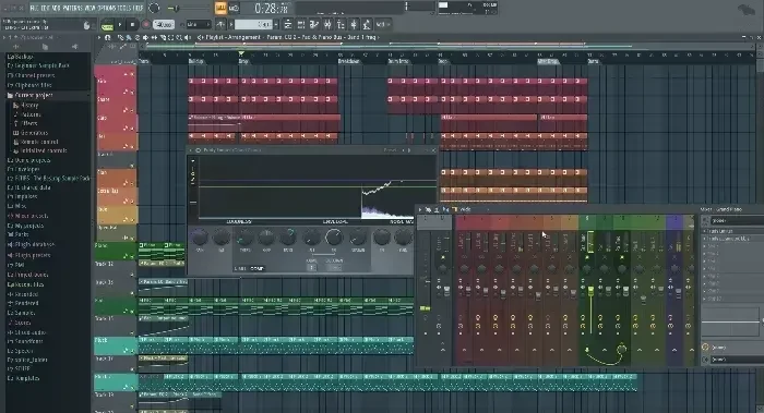 FL Studio Playlist and Mixer during the sidechain compression lesson of Mix Elite's FL Studio Beginner Accelerator