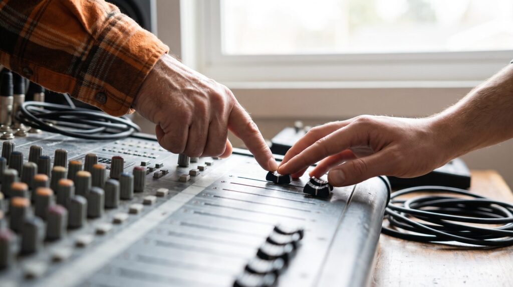 An older producer's hand pointing at a fader while a learner's hand rests on it, like a coach giving feedback on a mix