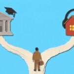 Paper cut-out collage of a man with a briefcase at a fork in the road: one path leads to a college with a graduation cap, the other to a home wearing headphones