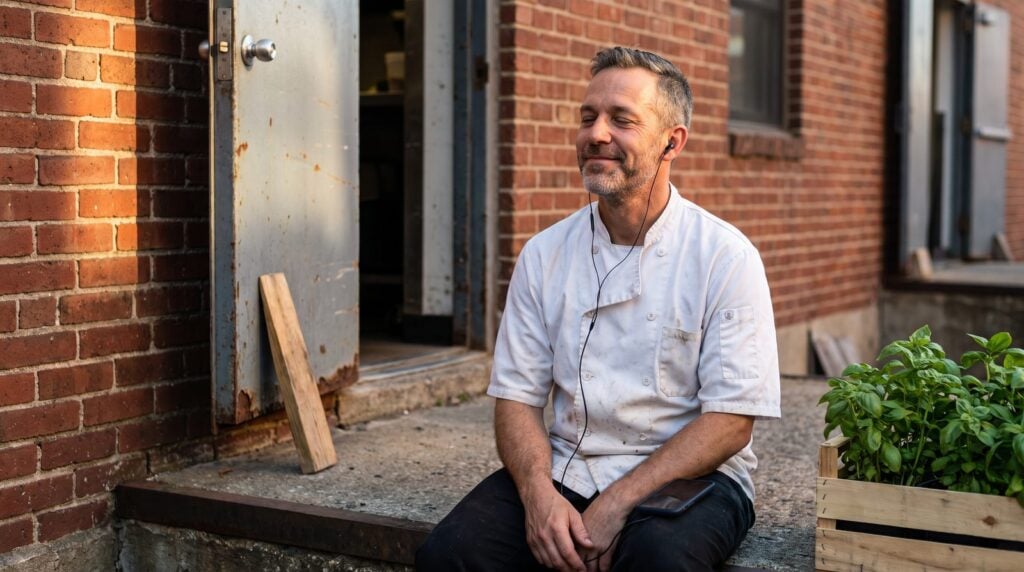 A chef in his 40s on a break outside the restaurant kitchen, eyes closed, listening to music on earbuds: an adult fitting music around a job
