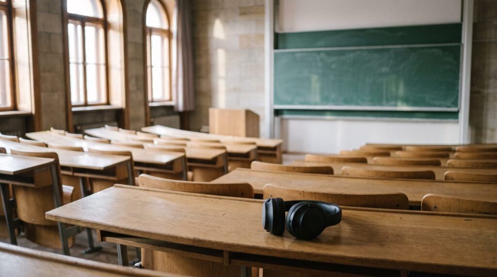 An empty university lecture hall in morning light with one pair of headphones left on a front-row desk, the music school path