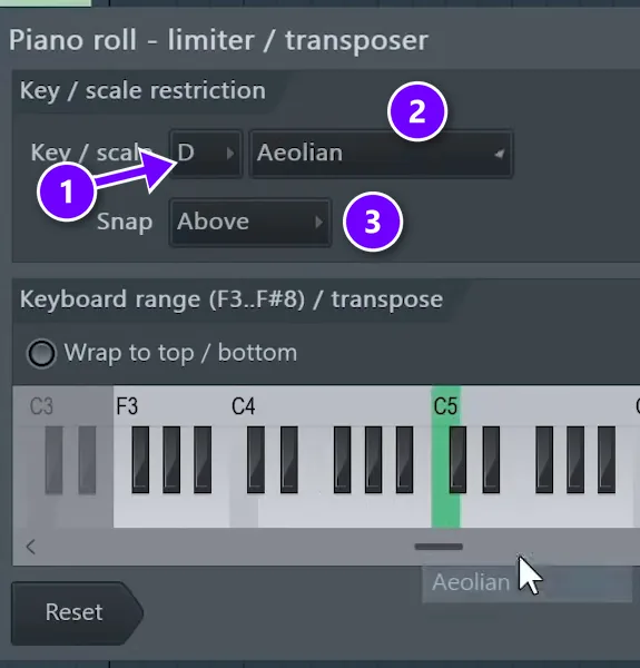 FL Studio Piano roll limiter / transposer with the key set to D (1), the scale set to Aeolian (2) and Snap set to Above (3)