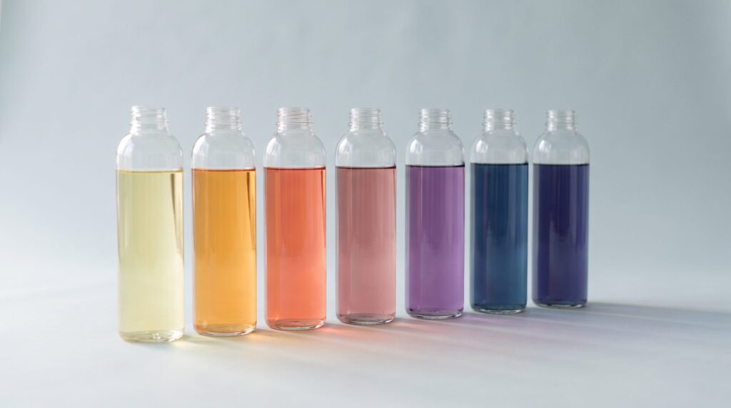 Seven identical glass bottles filled with water tinted from pale yellow to deep indigo, like the seven modes lined up from brightest to darkest
