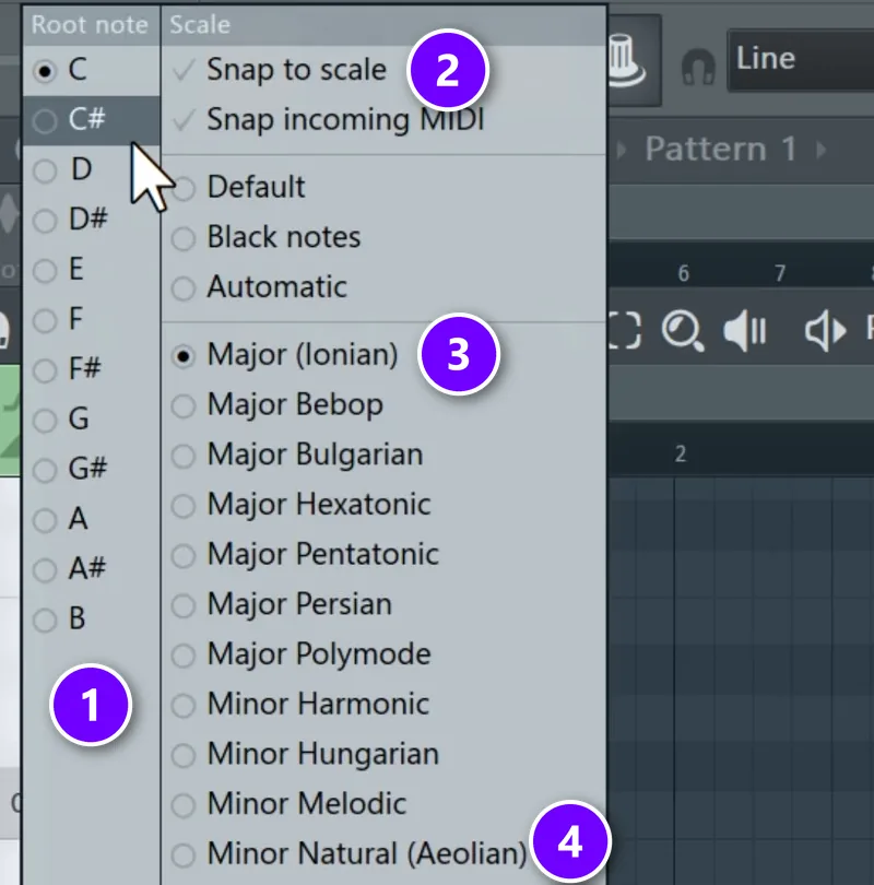 FL Studio Piano Roll scale menu with the Root note column (1), Snap to scale (2), Major (Ionian) (3) and Minor Natural (Aeolian) (4) numbered
