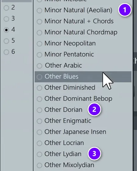 FL Studio typing keyboard scale list with Minor Natural (Aeolian) (1), Other Dorian (2) and Other Lydian (3) numbered