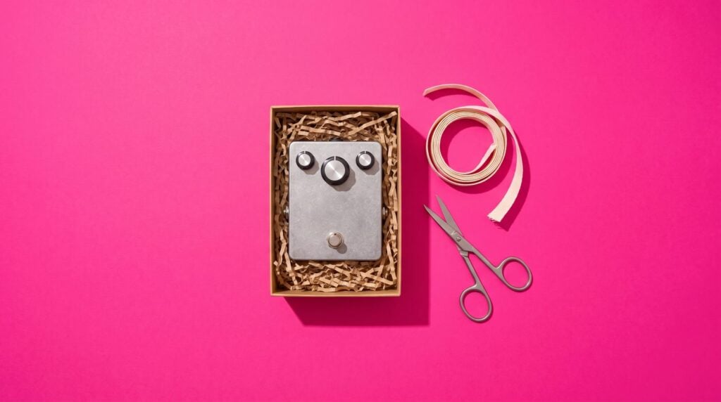 An effect pedal with three knobs in an open gift box on a magenta surface, a nod to OTT being free