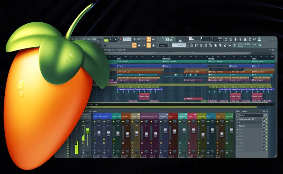 FL Studio app icon next to its Playlist arrangement and Mixer, from Mix Elite's DAW video