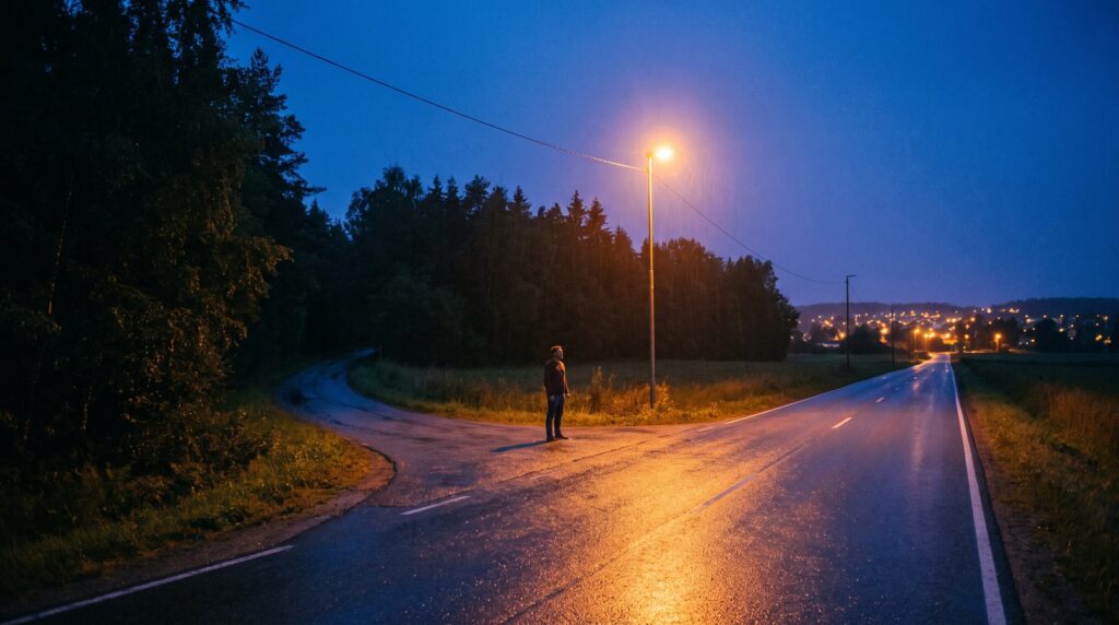 A man standing where a road splits in two at blue hour, like choosing between Pro Tools and Logic