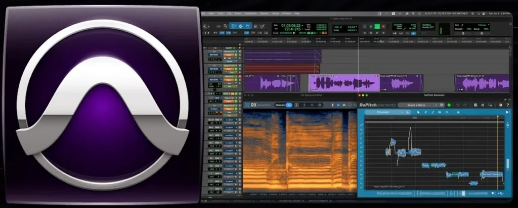 Pro Tools app icon next to its Edit window with vocal clips and two plugin windows, from Mix Elite's DAW video