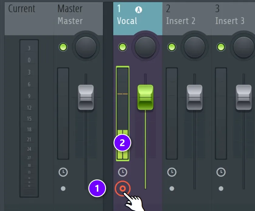 FL Studio mixer track with the arm record button (1) and the input meter (2) numbered