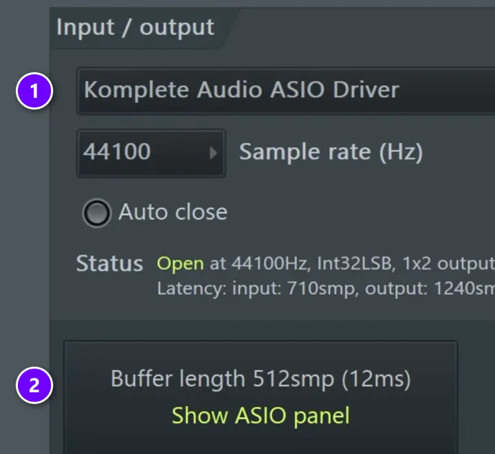 FL Studio Audio settings with the interface's ASIO driver (1) and the buffer length with Show ASIO panel (2) numbered