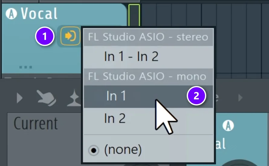 FL Studio playlist audio track with the input button (1) open and the mono input In 1 (2) numbered