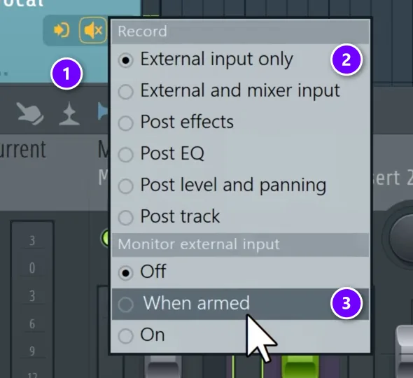FL Studio playlist track menu with the button (1), External input only (2) and Monitor external input When armed (3) numbered