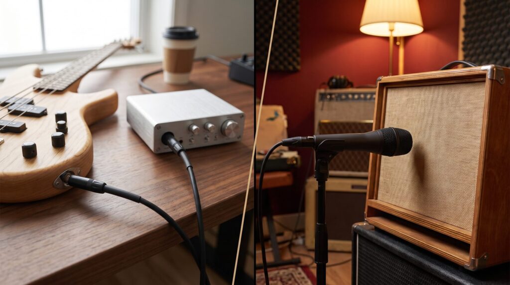 Split photo: on the left a wooden bass plugged straight into a small silver audio interface on a desk, on the right a dynamic microphone aimed at a bass amp speaker in a red-walled rehearsal room