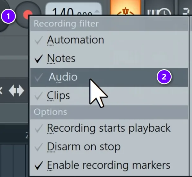 FL Studio record button (1) right-click menu with the Audio recording filter (2) numbered