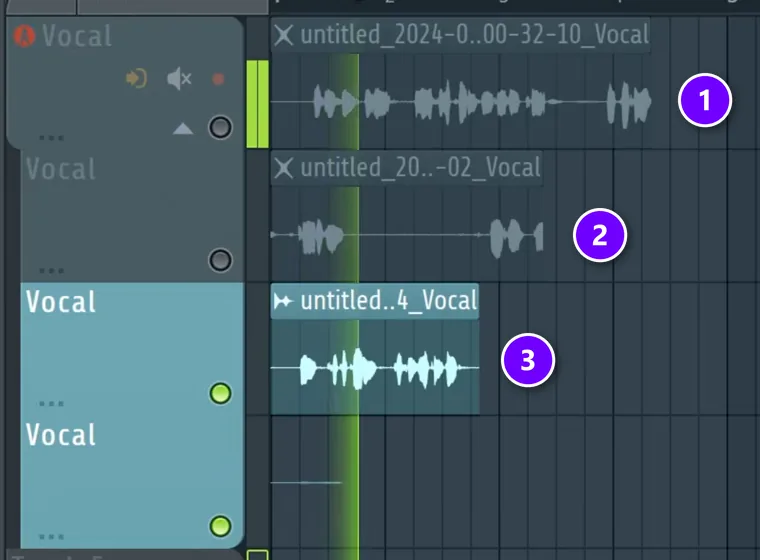FL Studio playlist with three recorded takes stacked on separate tracks, numbered 1 to 3