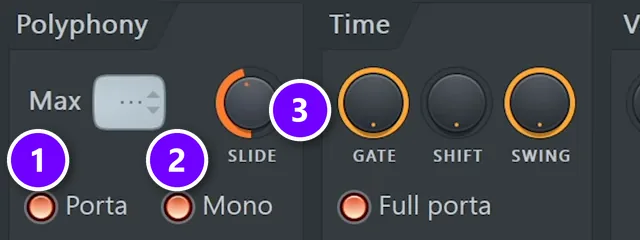 3x Osc channel settings wrench tab with Porta (1), Mono (2) and the SLIDE knob (3) numbered
