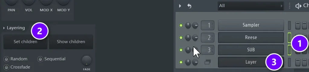 FL Studio Layer channel settings with Set children (2) next to the Channel Rack where the Reese and SUB channels are selected (1) under the Layer channel (3)