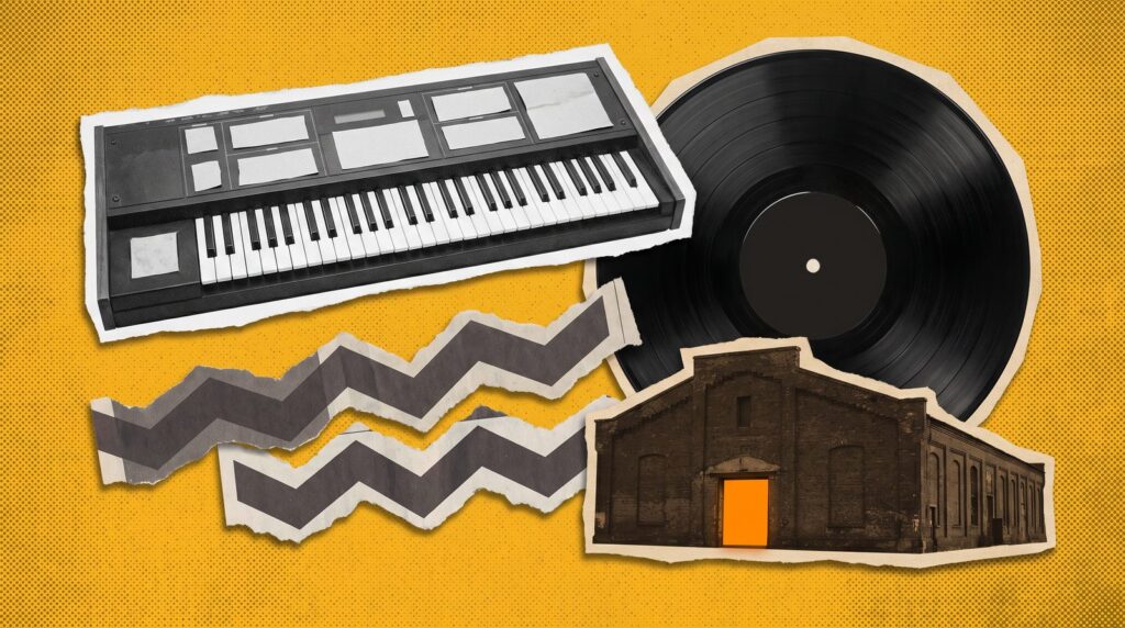 Paper collage on mustard yellow with a 1980s synth keyboard, a vinyl record, two torn zigzag paper strips and an old brick warehouse with a lit doorway