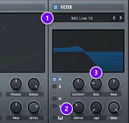 Serum filter set to MG Low 18 (1) with DRIVE (2) and RES (3) numbered