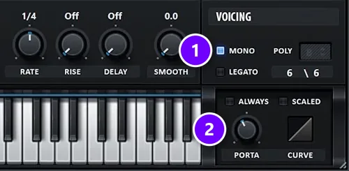 Serum VOICING panel with MONO ticked (1) and the PORTA glide knob (2) numbered