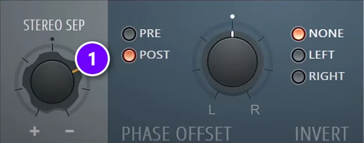 Fruity Stereo Enhancer with the STEREO SEP knob (1) turned right to narrow the reese