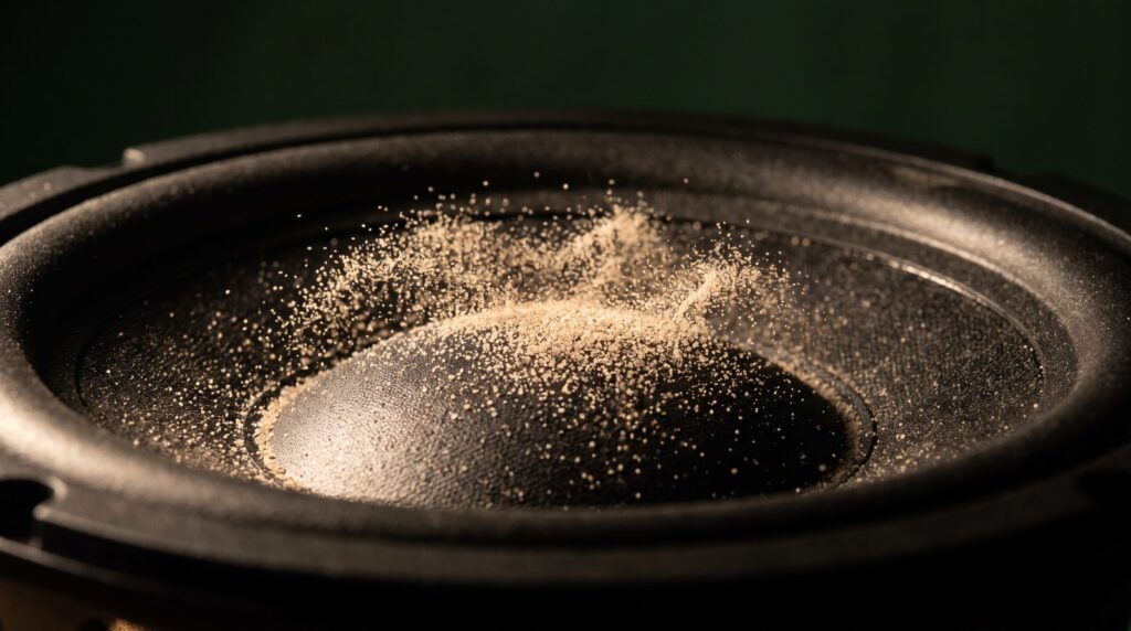 Close-up of a black subwoofer cone pushing outward, with pale sand jumping off its surface