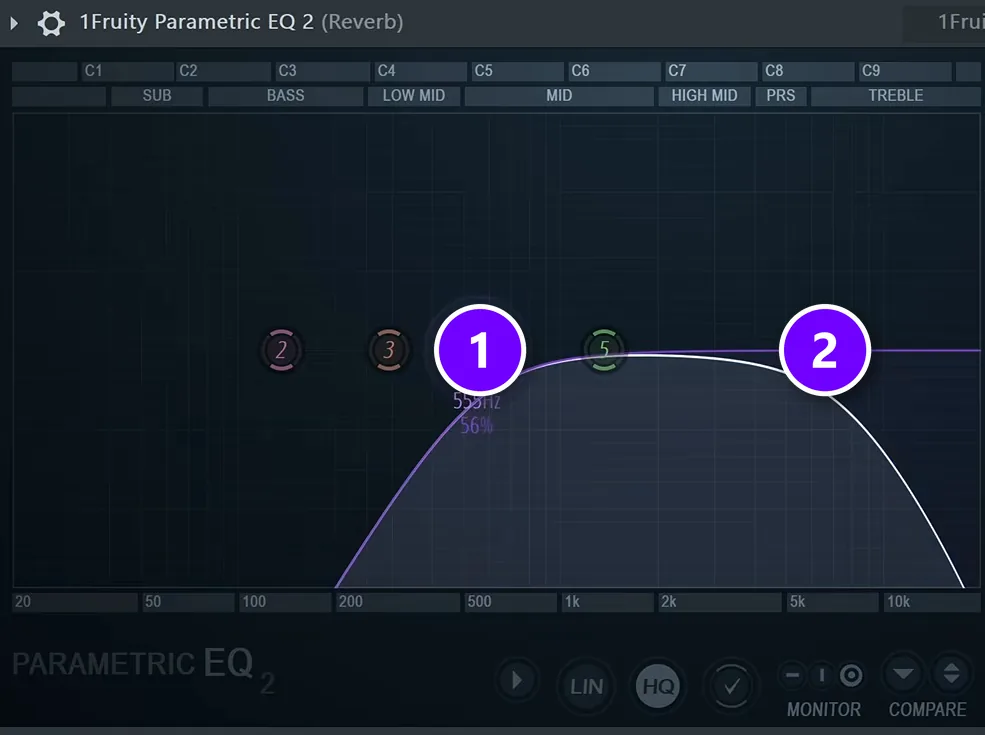 Fruity Parametric EQ 2 on the Reverb track with a low cut (1) and a high cut (2) before the reverb