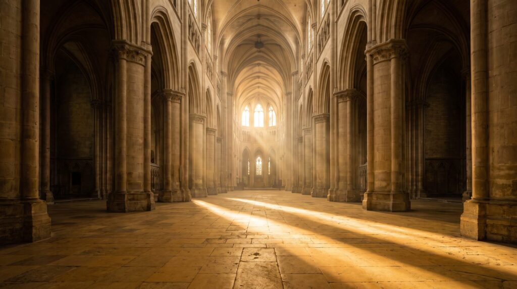 Sunbeams falling through a vast, empty stone cathedral, the kind of space whose echo a reverb plugin copies