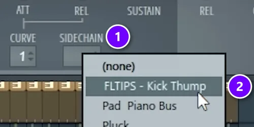 Fruity Limiter SIDECHAIN box (1) opened with the kick track (2) chosen as the sidechain input