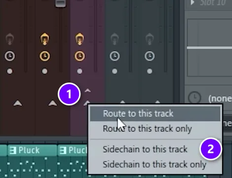 FL Studio mixer with the Sidechain track's routing arrow (1) right-clicked and Sidechain to this track (2) in the menu