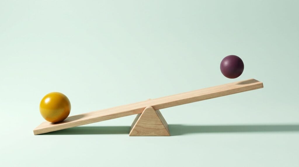A wooden seesaw on a pale mint backdrop, a heavy yellow ball pressing one end down while a plum ball lifts on the other, like a bass that gives way when the kick lands