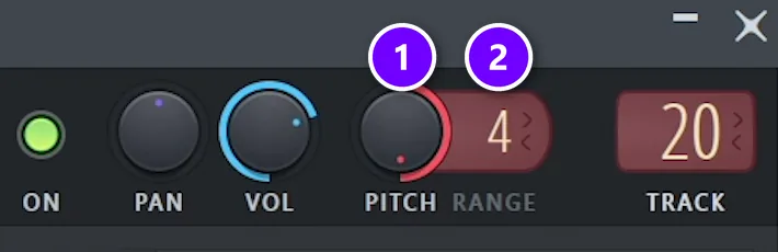 FL Studio channel settings top bar with the PITCH knob (1) turned all the way up and RANGE set to 4 semitones (2)