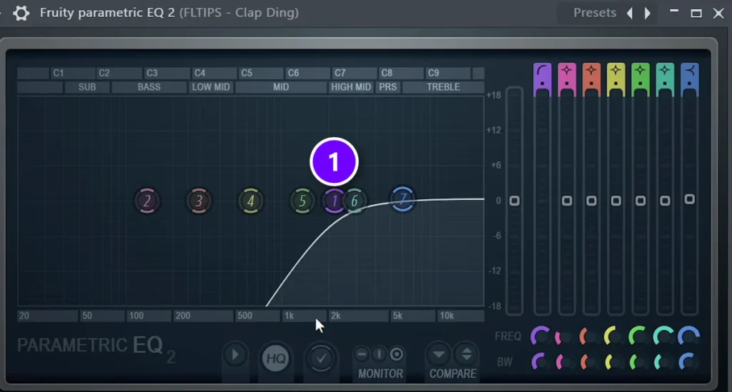 Fruity Parametric EQ 2 on a clap layer with band 1 (1) set as a steep low cut near 2 kHz, leaving only the bright top