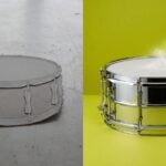 A flat grey cardboard cut-out of a snare drum on the left and the same snare as a shiny chrome drum being struck on a bright chartreuse backdrop on the right