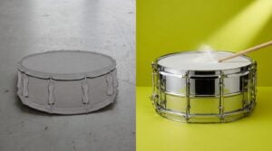 A flat grey cardboard cut-out of a snare drum on the left and the same snare as a shiny chrome drum being struck on a bright chartreuse backdrop on the right